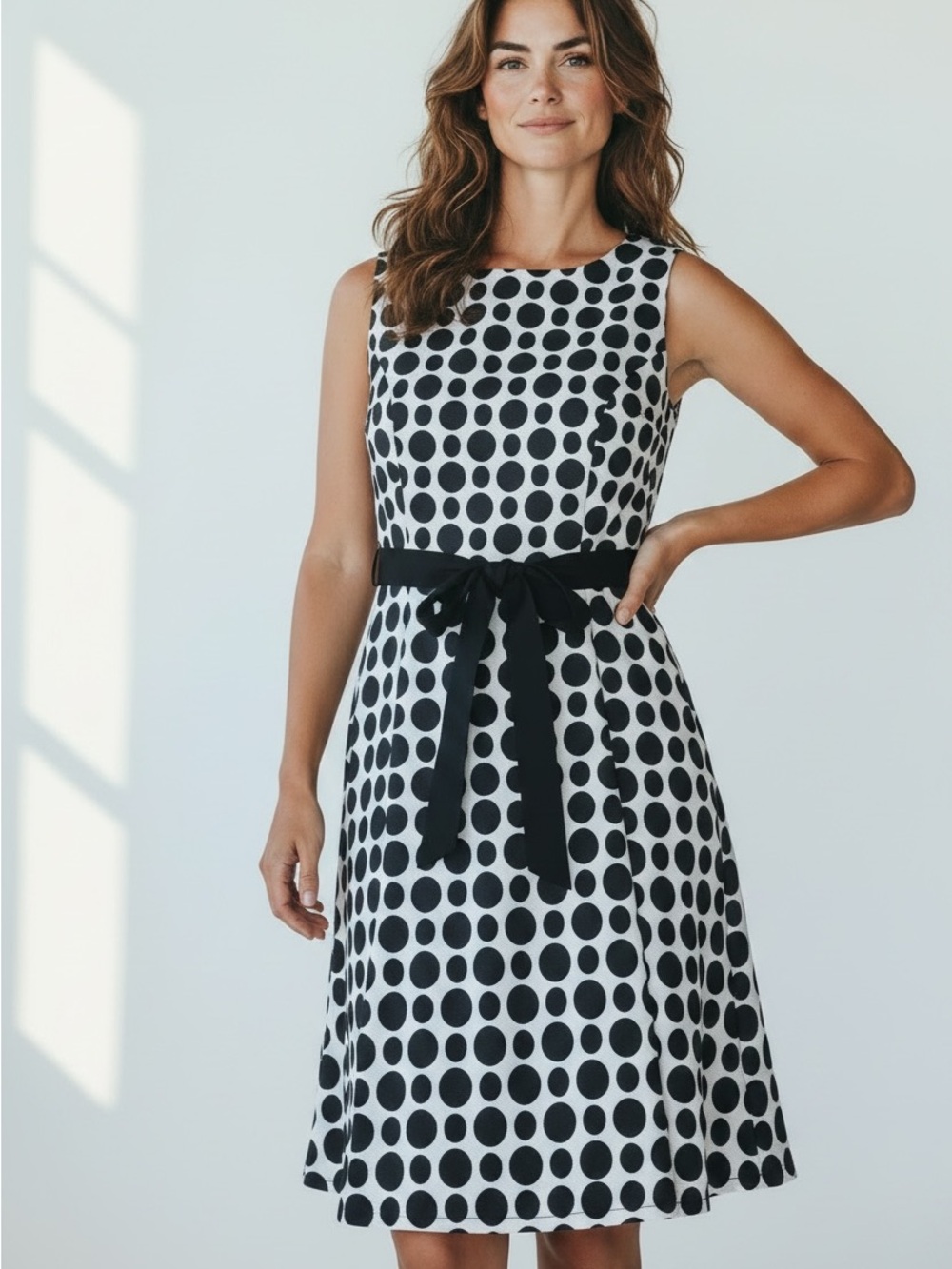 Jessica Howard Black and White Polka Dot Sleeveless Fit-and-Flare Dress Sz 12